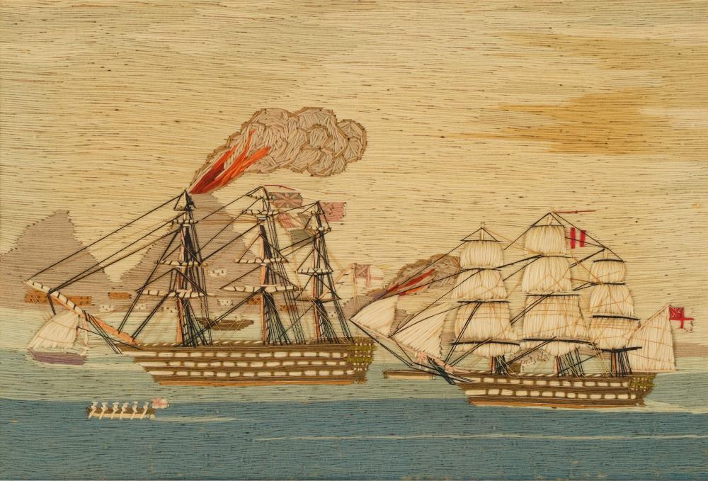 Appraisal: ENGLISH SAILOR'S WOOLWORK PICTURE OR WOOLIE depicting two sailing ships