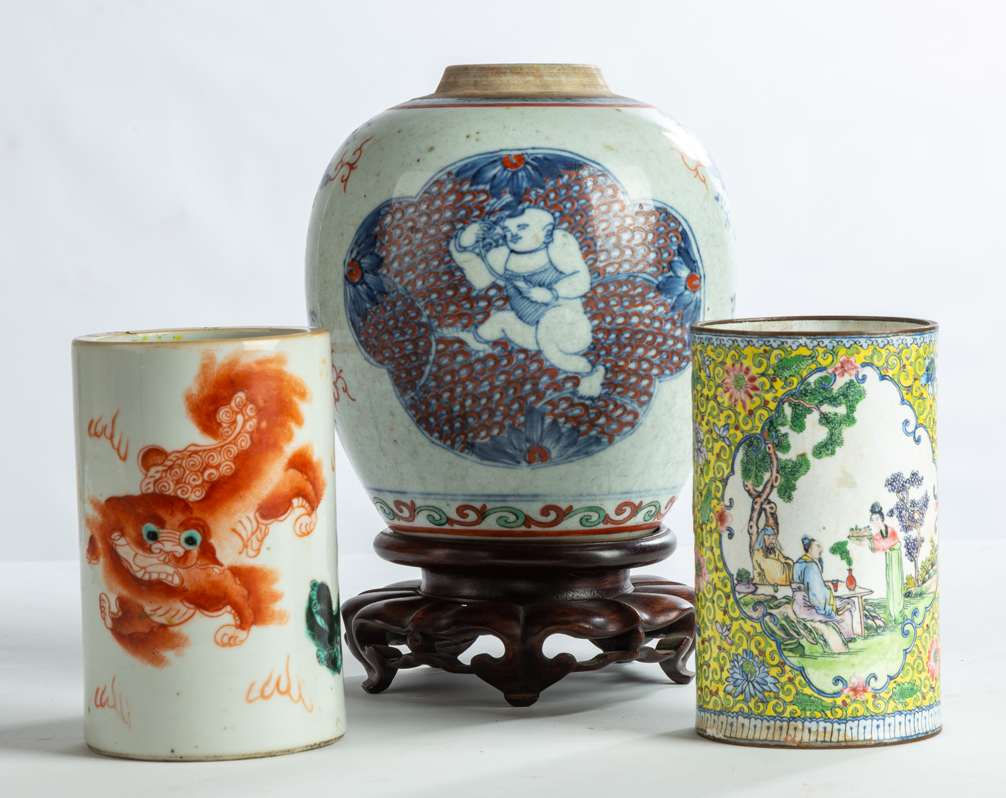 Appraisal: CHINESE PORCELAIN VASE AND ENAMEL ON METAL AND PORCELAIN BRUSH