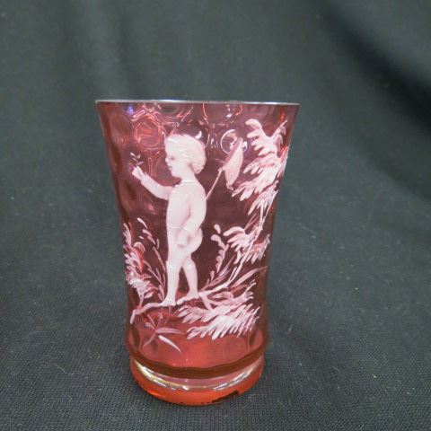 Appraisal: Mary Gregory Cranberry Art Glass Tumbler boy with butterfly net