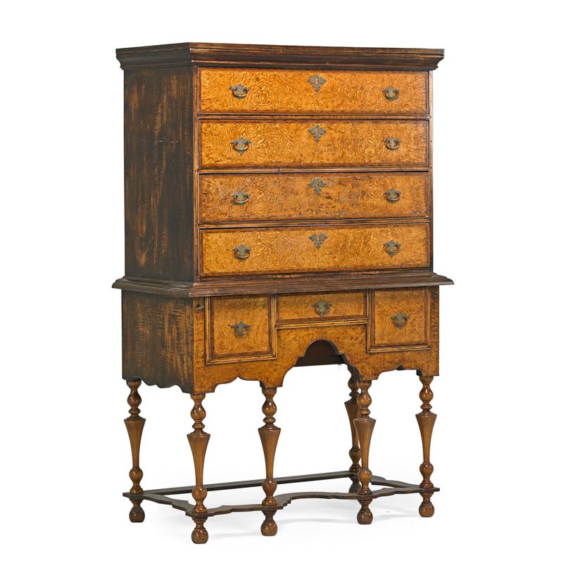 Appraisal: AMERICAN WILLIAM AND MARY HIGHBOY Maple veneer with four graduated