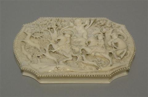 Appraisal: CONTINENTAL IVORY CARVED BOX th century the shallow box of