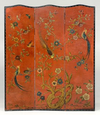 Appraisal: Painted leather room screen three fold decorated with exotic birds