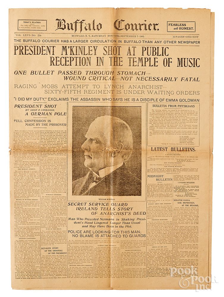 Appraisal: Buffalo Courier President McKinley Shot newspaper Buffalo Courier President McKinley