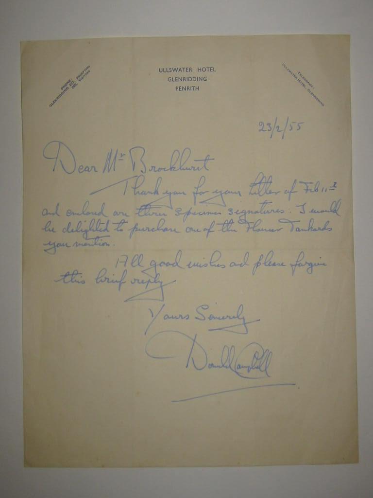 Appraisal: Donald Campbell Land and Water Speed Records signed manuscript letter