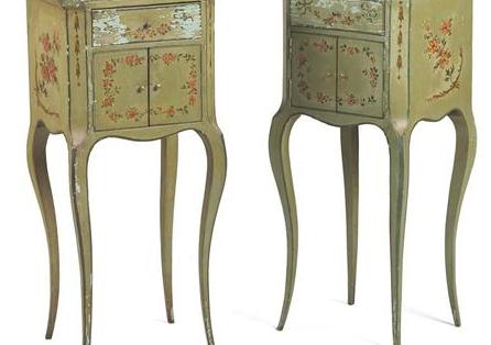 Appraisal: PAIR OF LOUIS XV GREEN-PAINTED AND FLORAL-DECORATED TABLE EN CHIFFONNIERES