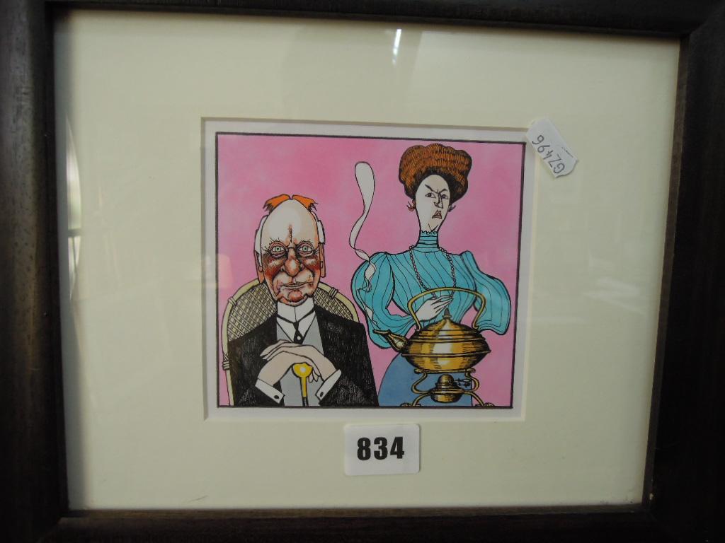 Appraisal: A coloured caricature by Willie Rushton showing John Gielgud as