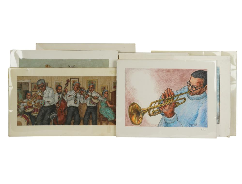 Appraisal: TH CENTURY SEVEN ILLUSTRATIONS OF JAZZ MUSICIANSeach mixed media on