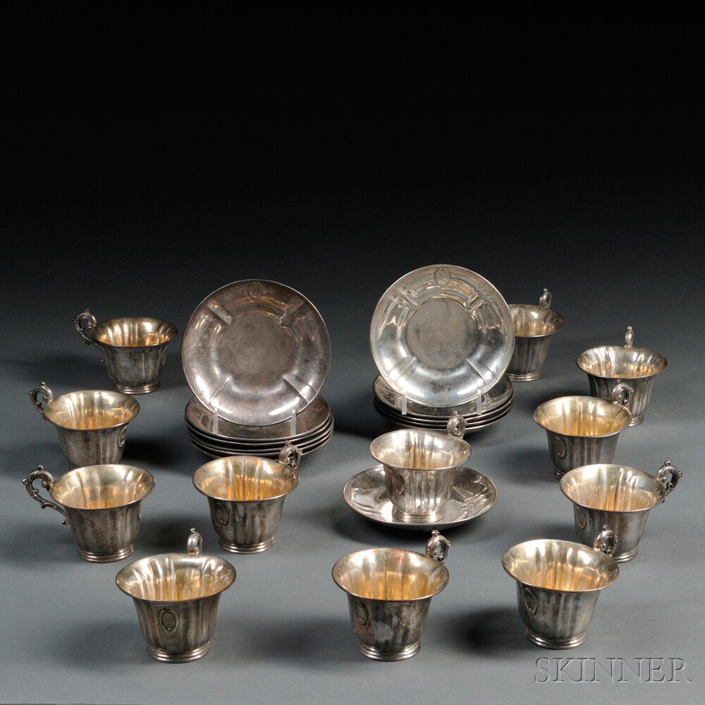 Appraisal: Set of Twelve Silver Teacups and Saucers probably Madrid each