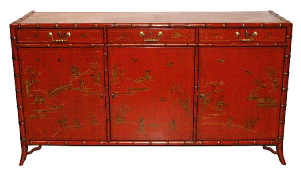 Appraisal: A George III style inlaid red lacquered side cabinet The