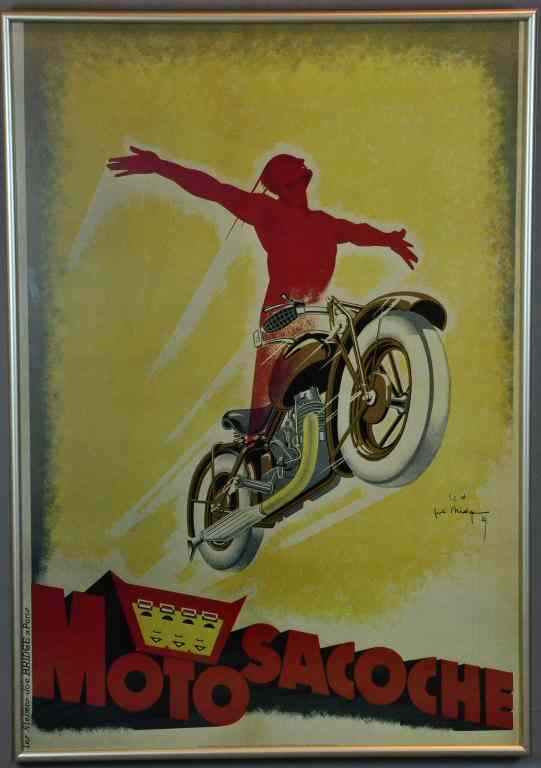 Appraisal: Vintage Framed Poster - MotoSacoche Bright yellow and red depicting