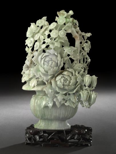 Appraisal: Chinese Carved Jade Floral Basket Group carved from Burmese jadeite