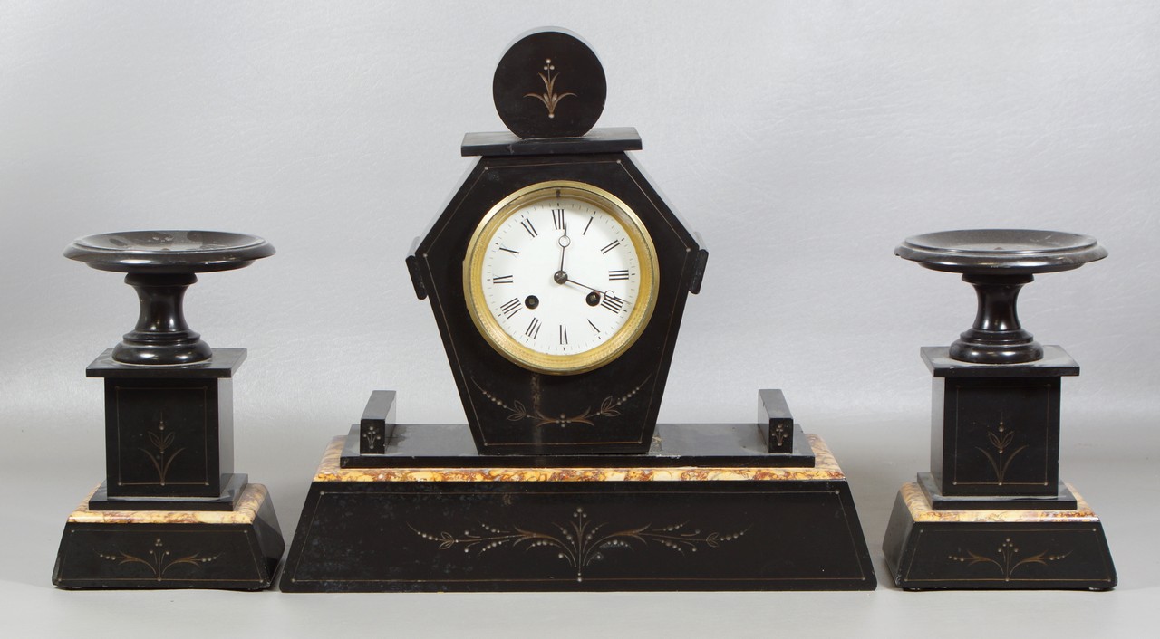 Appraisal: pc slate and marble French clock set incised decoration body