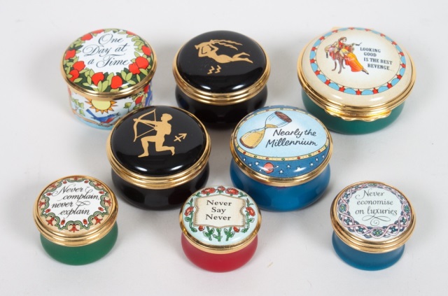 Appraisal: Nine English enamel boxes gilt-metal-mounted boxes subjects include zodiac mottoes