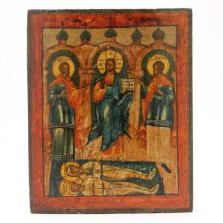 Appraisal: Russian Icon of Christ Flanked by Twin Saints Cosmas and