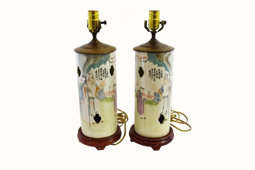 Appraisal: PAIR OF CHINESE PORCELAIN WIG STANDS MOUNTED AS LAMPS th