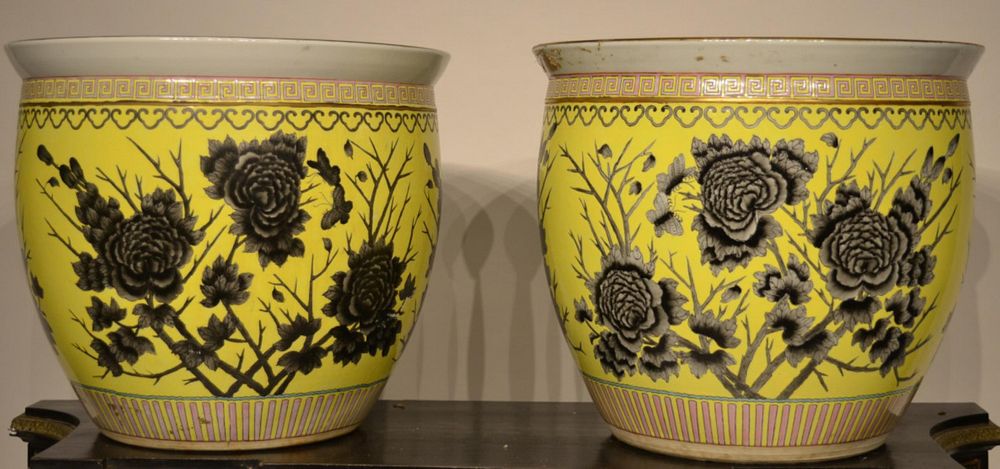 Appraisal: Pr CHINESE LARGE YELLOW GROUND FISH BOWL PLANTERS A pair