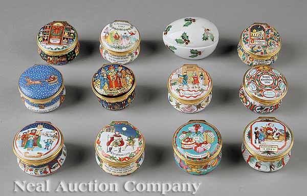 Appraisal: A Group of Eleven Christmas-Themed Bilston and Battersea Enamel Boxes