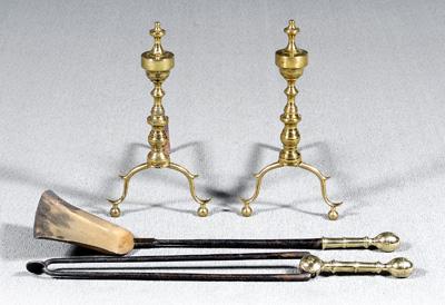 Appraisal: Pair Federal brass andirons spur arch ball feet - in