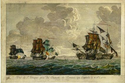 Appraisal: TWO FRENCH NAVAL BATTLE SCENES Engravings with hand-coloring x in