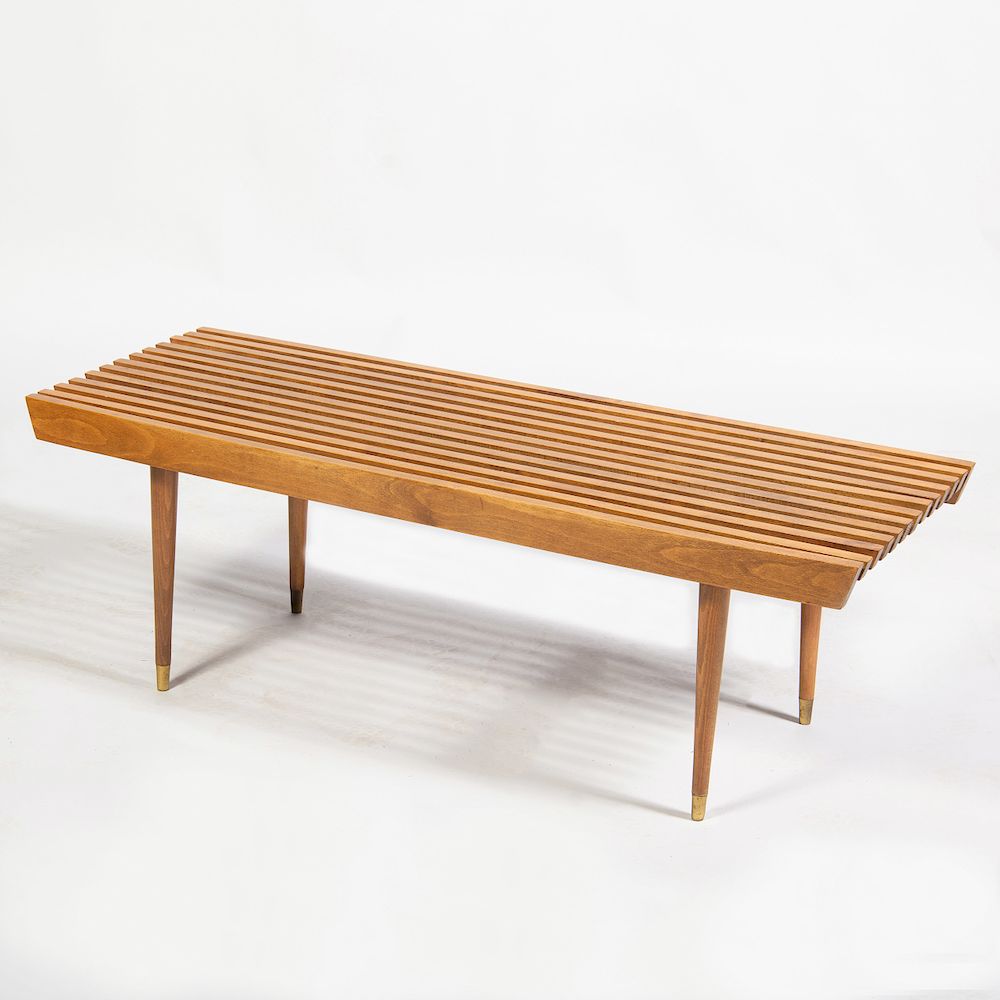 Appraisal: Modern Brass-Mounted Teak Bench x x in Condition Good overall