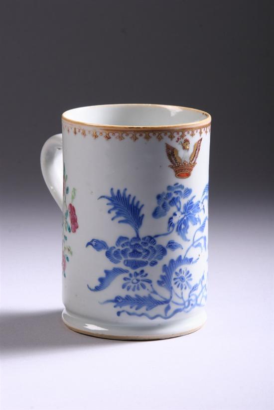 Appraisal: CHINESE FAMILLE ROSE PORCELAIN CRESTED MUG th century Gilt picket