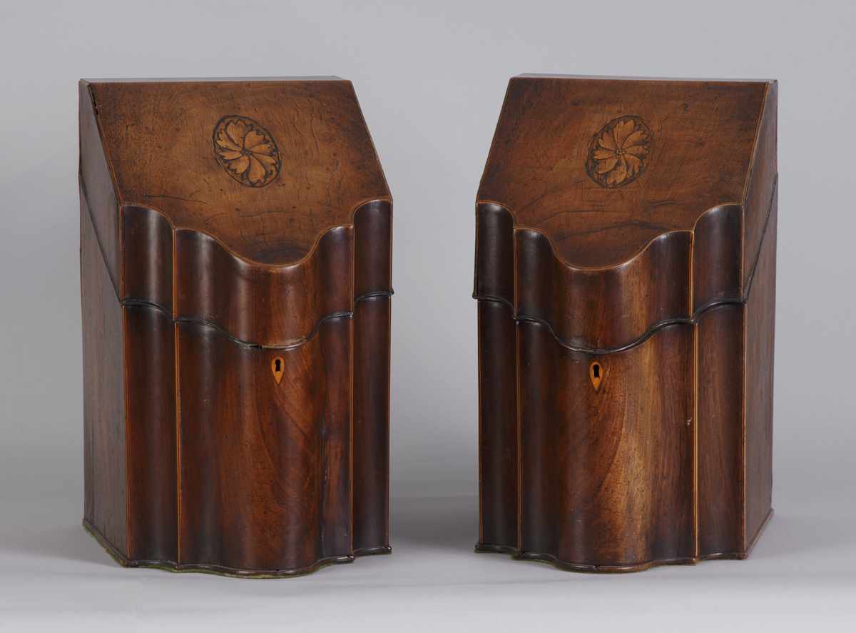 Appraisal: George III Inlaid Mahogany Knife Boxes Original inlaid inserts Nice