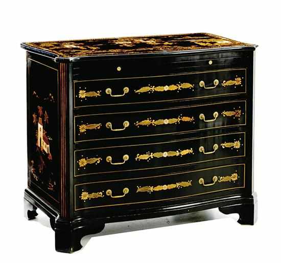 Appraisal: Georgian style Japanned serpentine chest of drawers th century paint-decorated