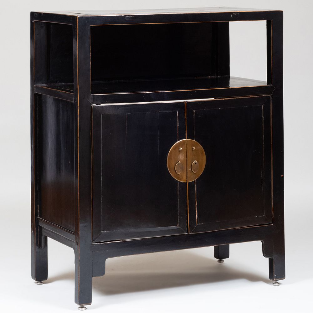 Appraisal: Chinese Black Lacquer Cabinet of Recent Manufacture Raised on metal