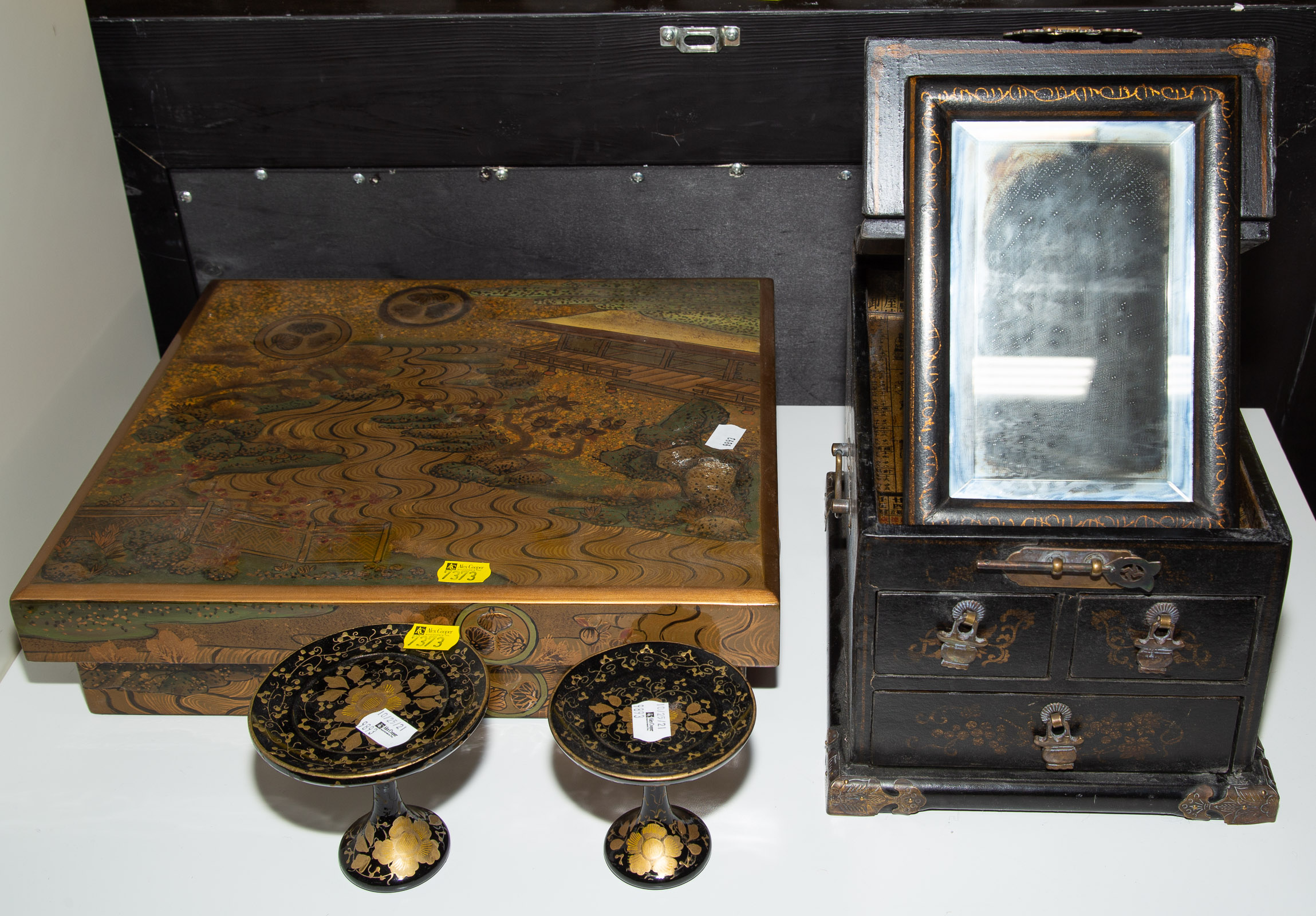 Appraisal: FOUR PIECES OF JAPANESE LACQUER WARE Including mirrored dresser box