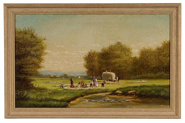 Appraisal: AMERICAN SCHOOL OIL OF A HAYING SCENE American School ca