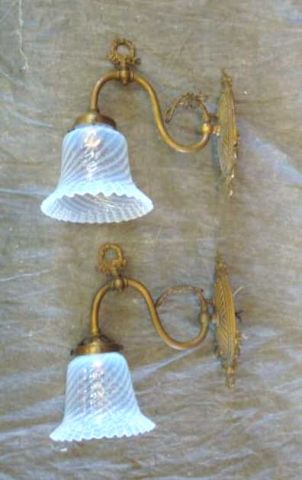 Appraisal: Pair of Brass Sconces with Glass Shades From a Long