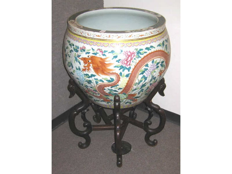 Appraisal: CHINESE MASSIVE PORCELAIN JARDINIERE ON STAND Of globular form colorfully