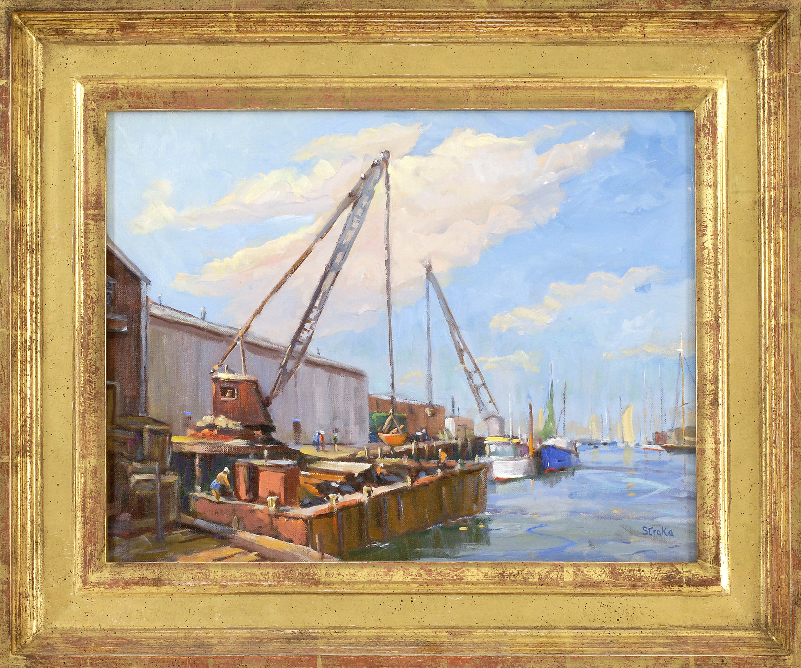 Appraisal: FRAMED PAINTING RON STRAKA American b Crane on the dock