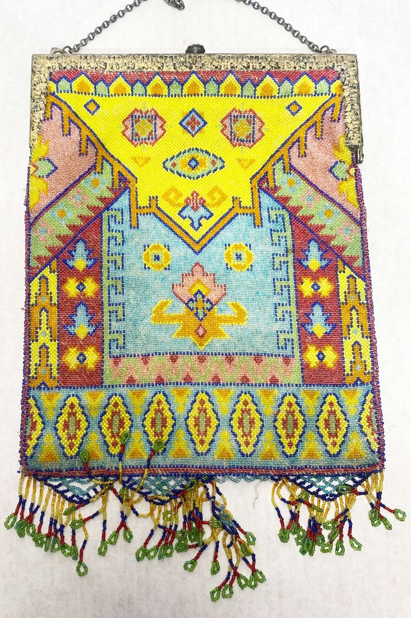 Appraisal: Art Deco Micro Beaded Purse with Carpet Design long fringe