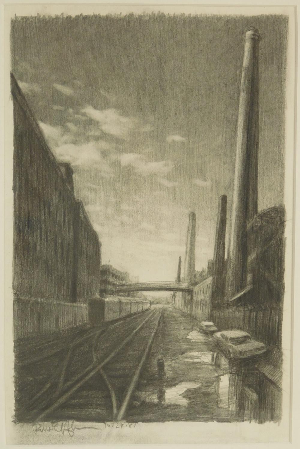 Appraisal: Richard Harden Connecticut b graphite drawing on paper depicts industrial