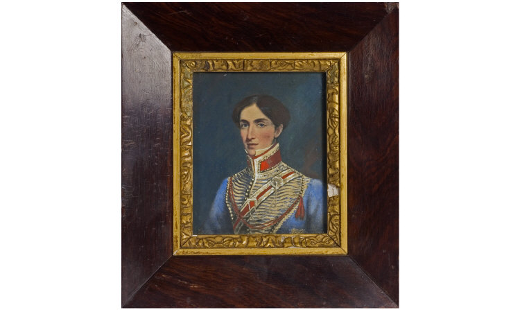 Appraisal: Portrait Miniature Highlighted Print Of A thC French Soldier In