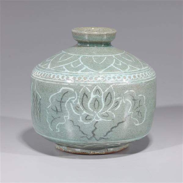 Appraisal: Korean celadon glazed jar with allover floral designs overall good