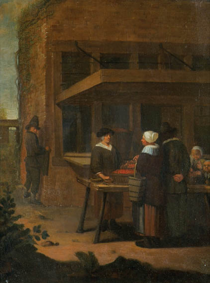 Appraisal: Circle of Jan Steen Purchasing Cherries at a Street Market