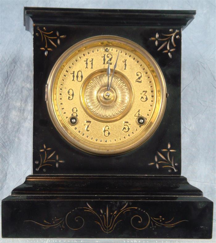 Appraisal: Ansonia enameled black iron Unique mantle clock embossed brass dial