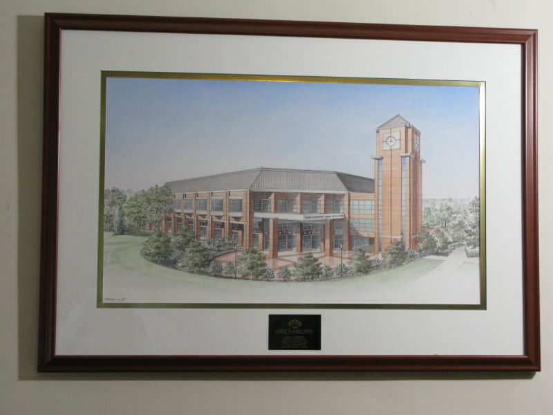 Appraisal: Framed Print of Barnhardt Student Center UNC-C with dedication plaque