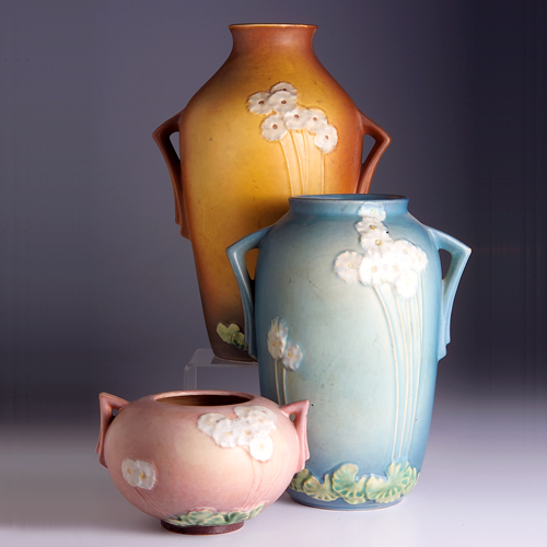 Appraisal: Three ROSEVILLE Primrose pieces to include a brown vase -