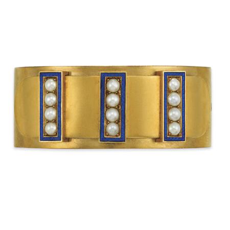 Appraisal: Antique Gold Blue Enamel and Split Pearl Cuff Bangle Estimate