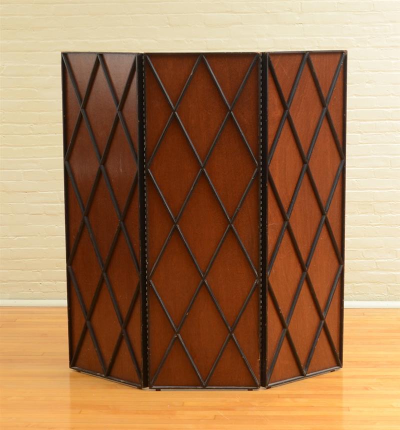 Appraisal: CONTEMPORARY MAHOGANY AND EBONIZED THREE-PANEL SCREEN Each panel with trellis-work