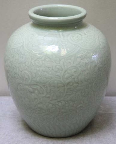 Appraisal: Signed Celadon Vase with Incised Decoration Signed on top rim