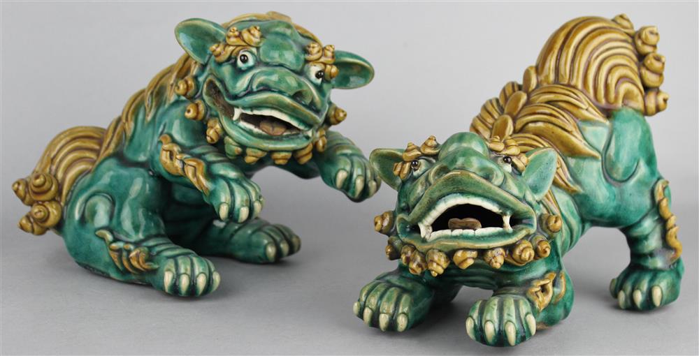 Appraisal: PAIR OF CHINESE FOO DOGS green and brown glazed -