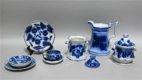 Appraisal: TEN VARIOUS FLOW BLUE PIECES th century including an octagonal