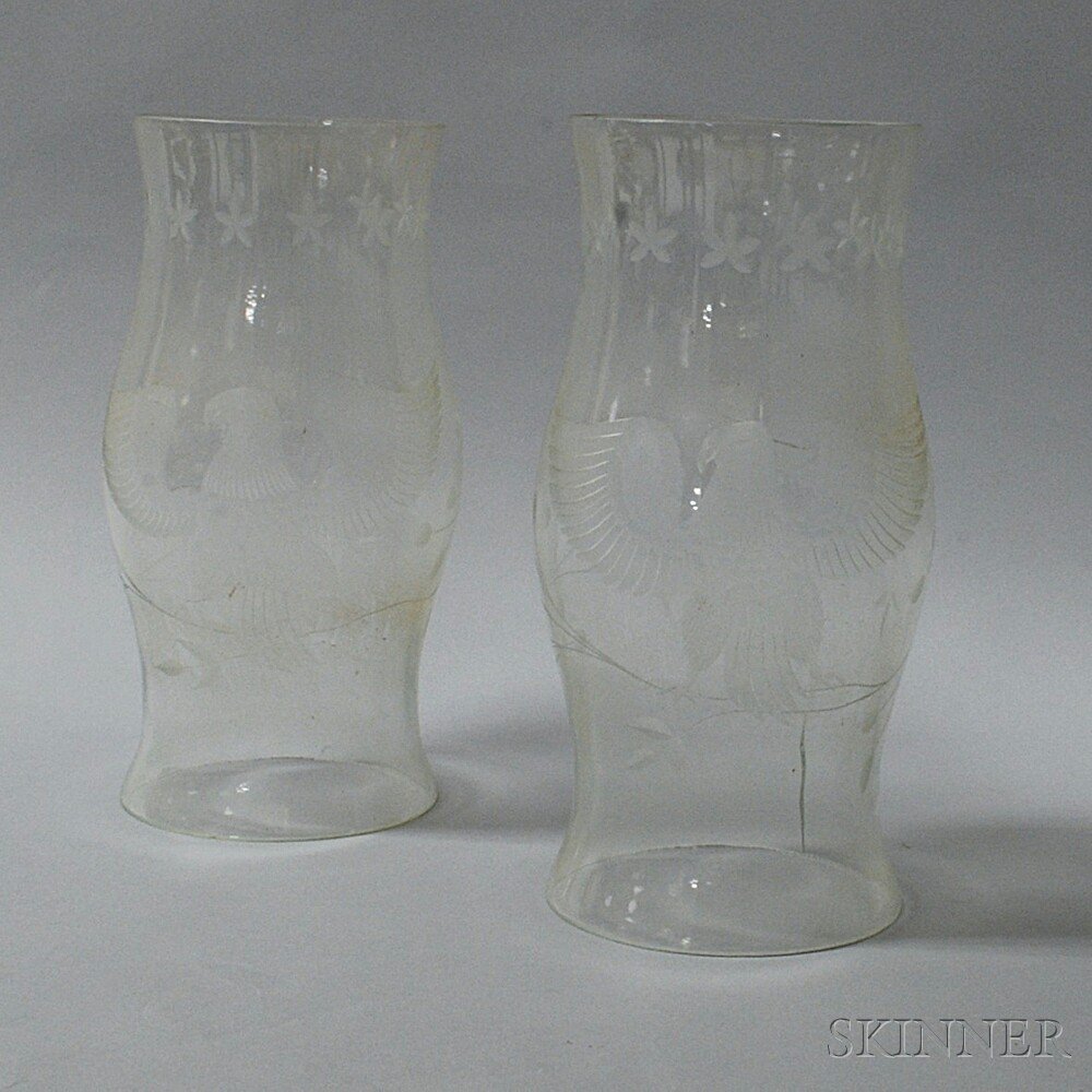 Appraisal: Pair of Etched Glass Hurricane Lamp Shades America with an