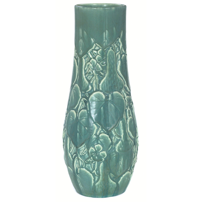 Appraisal: Rookwood vase deeply carved floral design covered with a turquoise