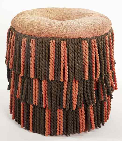 Appraisal: Round Wood Upholstered Hassockred and black striped tassels x in