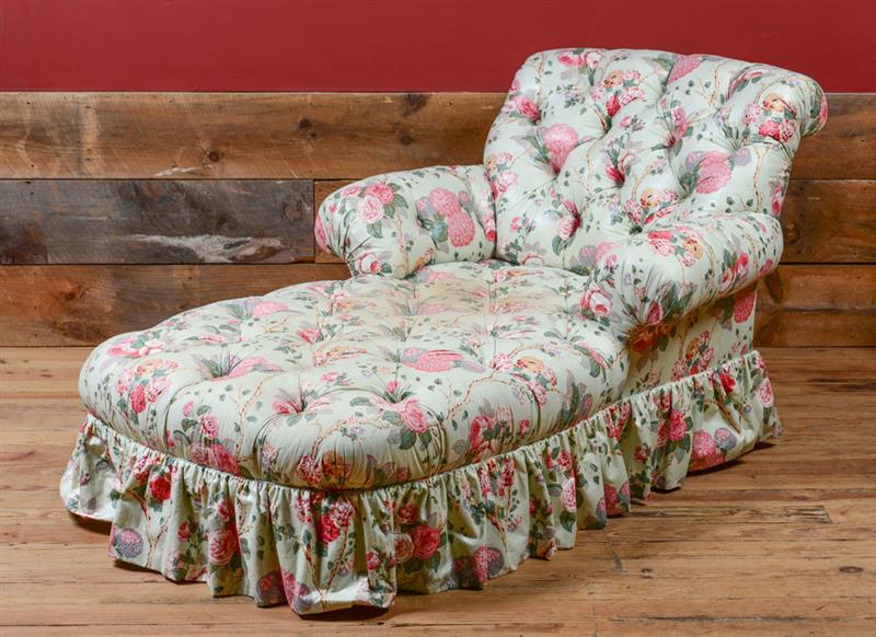 Appraisal: CHINTZ TUFTED UPHOLSTERED CHAISE LOUNGE in x ft x in